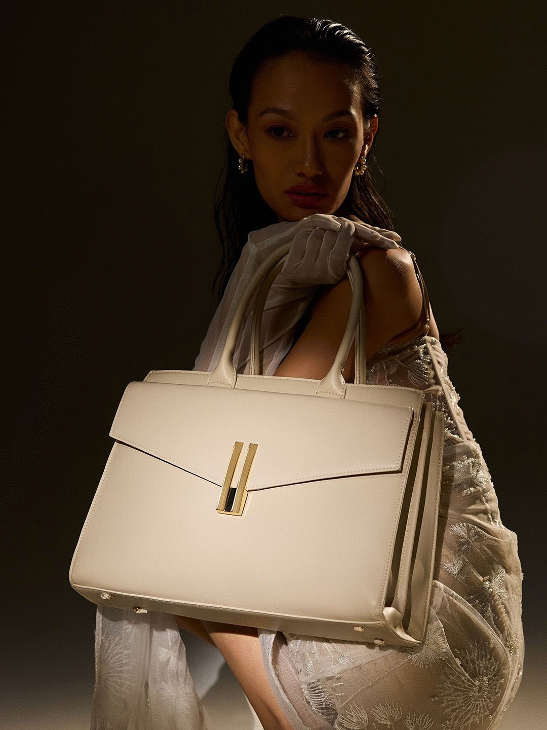 

Lino Perros Oversized Structured Satchel with Cut Work, Beige