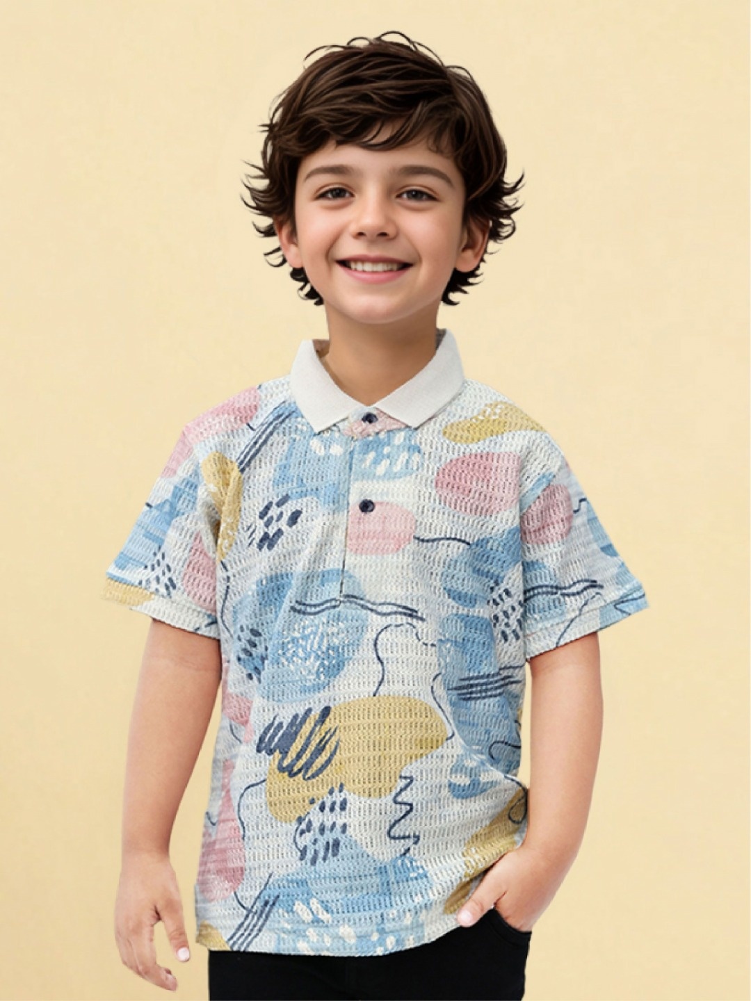 

Toonyport Boys Floral Printed Polo Collar Raw Edge T-shirt, Multi