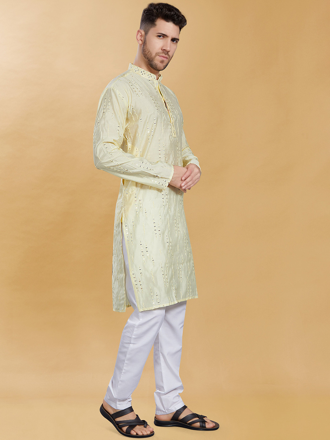 

DIVISIVE Geometric Embroidered Mirror Work Mandarin Collar Straight Kurta, Yellow
