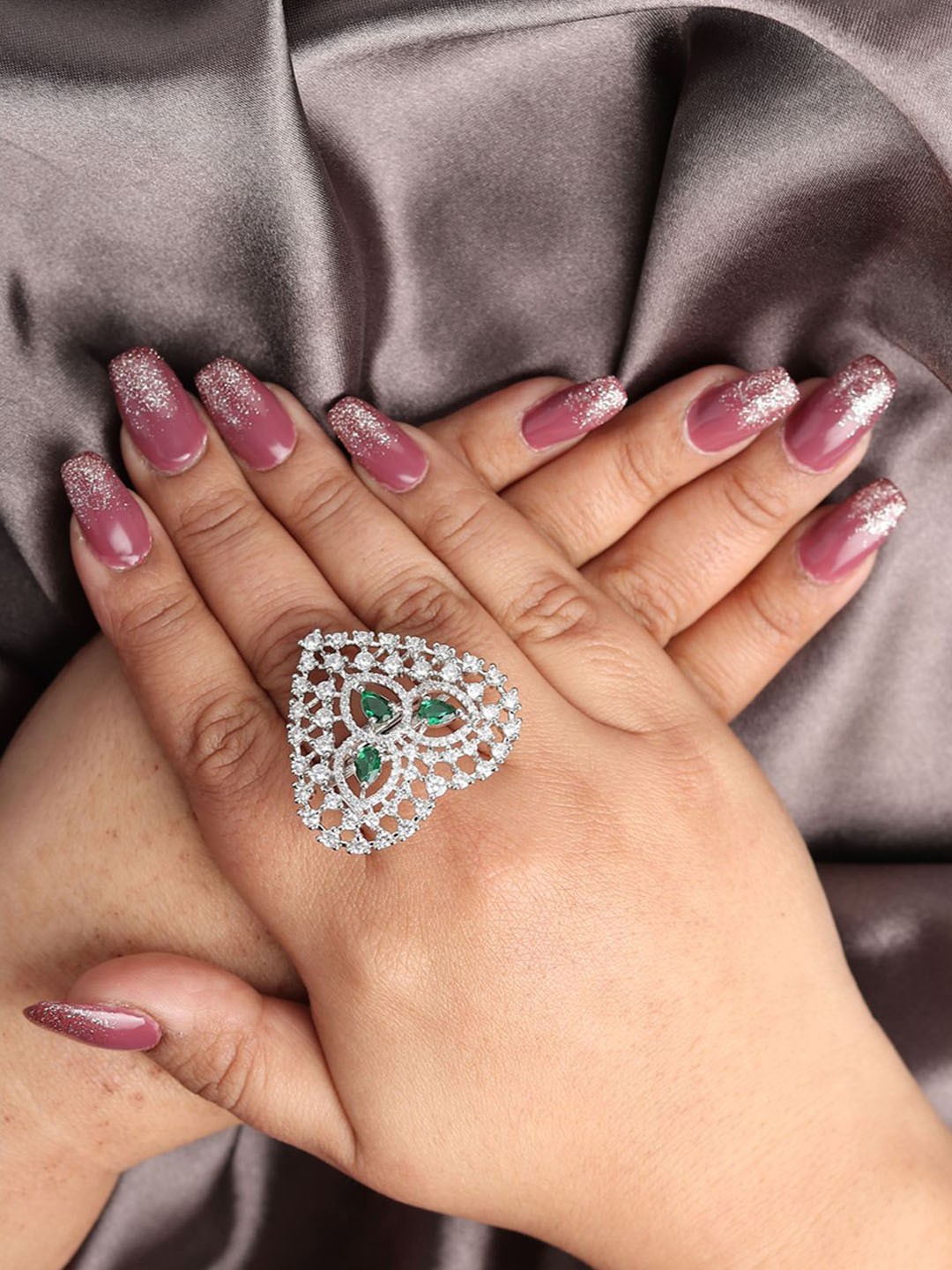 

RHOSYN Silver-Plated Cubic Zirconia & American Diamond Studded Adjustable Finger Ring