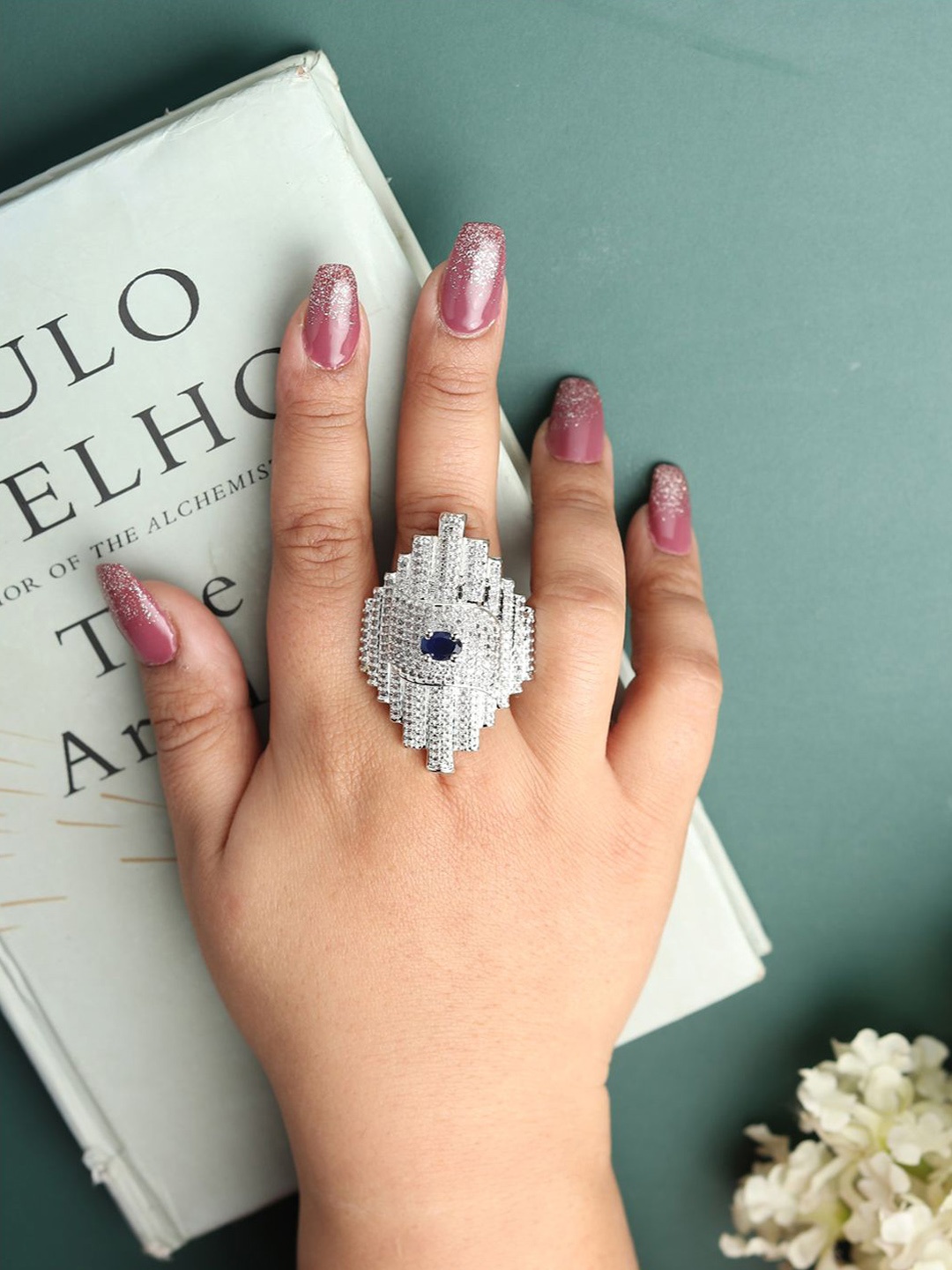 

RHOSYN Silver-Plated Cubic Zirconia & American Diamond Studded Adjustable Finger Ring