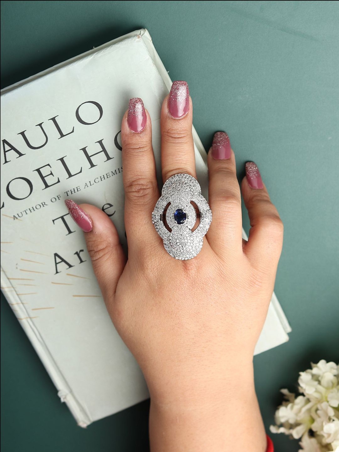 

RHOSYN Silver-Plated Cubic Zirconia & American Diamond Studded Adjustable Finger Ring