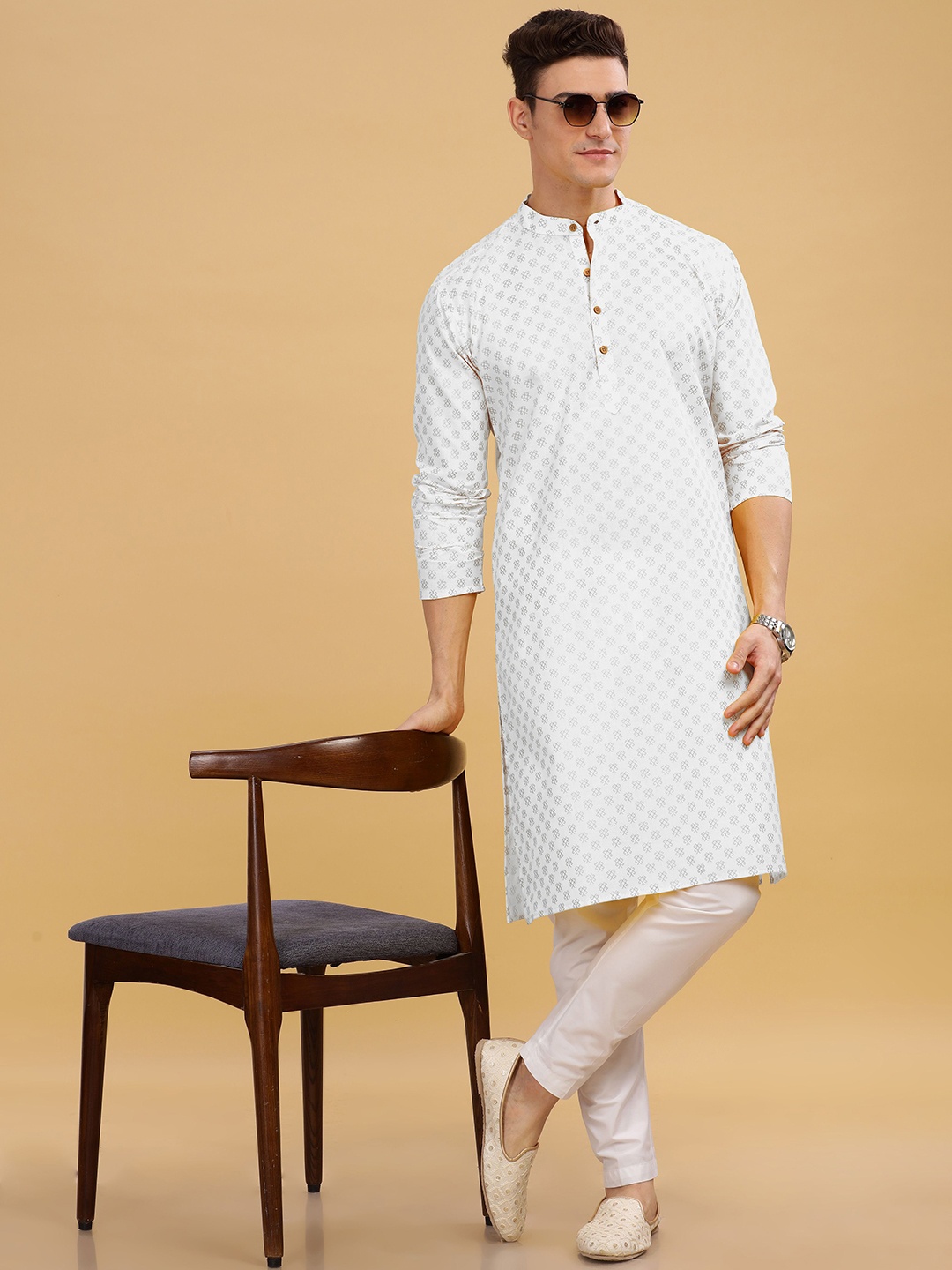 

Anouk Geometric Printed Band Collar Straight Kurta, White