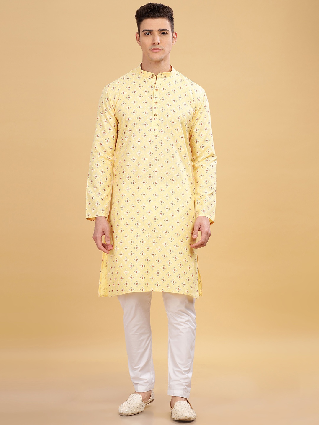 

Anouk Ethnic Motifs Printed Band Collar Straight Kurta, Yellow