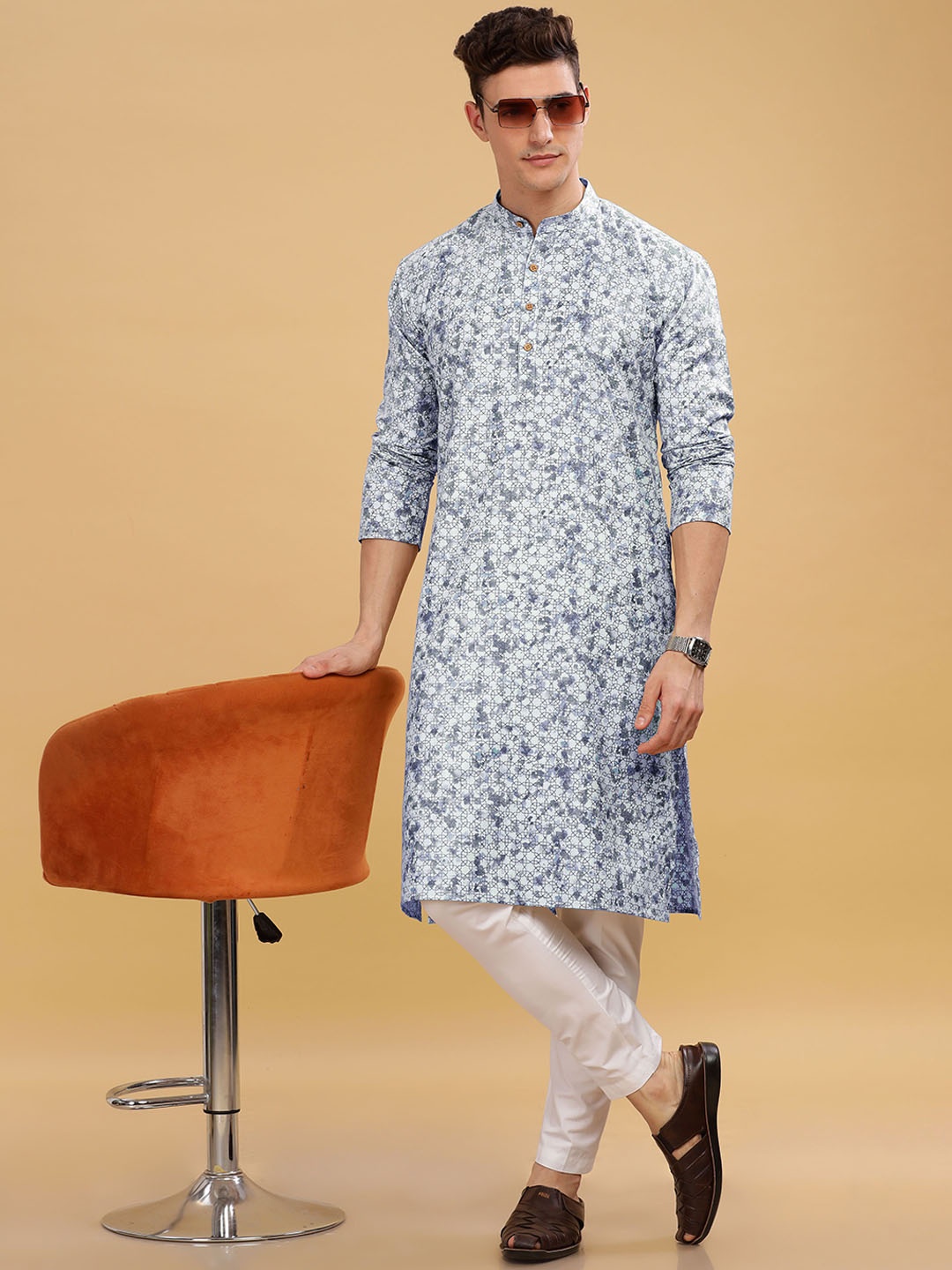 Anouk Geometric Printed Band Collar Straight Kurta, Grey