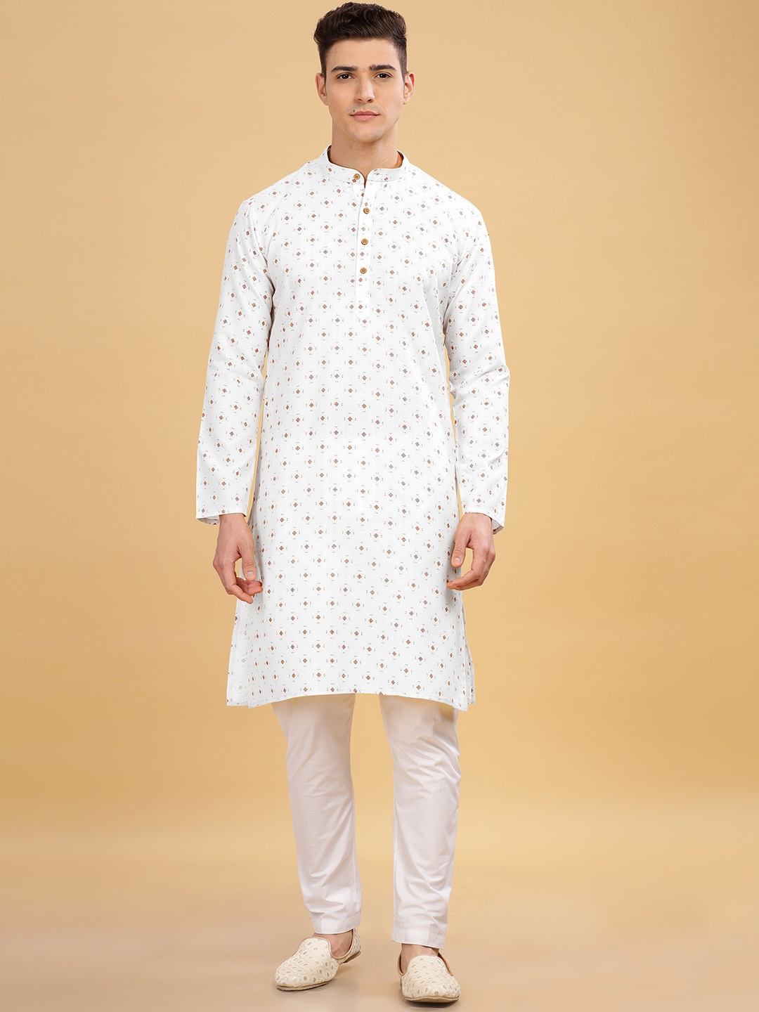 

Anouk Geometric Printed Band Collar Straight Kurta, White