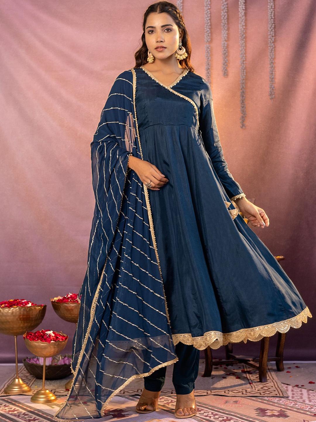 

KASYA Women Angrakha Kurta with Trousers & With Dupatta, Navy blue