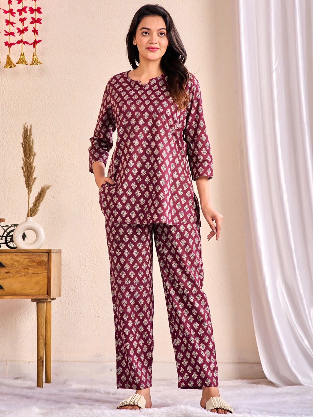 

MISS REKHA Floral Printed Pure Cotton Top With Pyjamas, Maroon