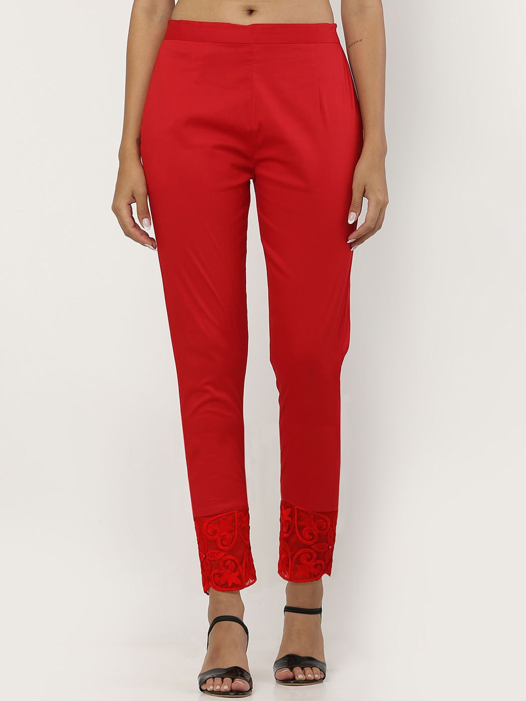 

FLOREOS Women Embroidered Comfort Easy Wash Trousers, Red