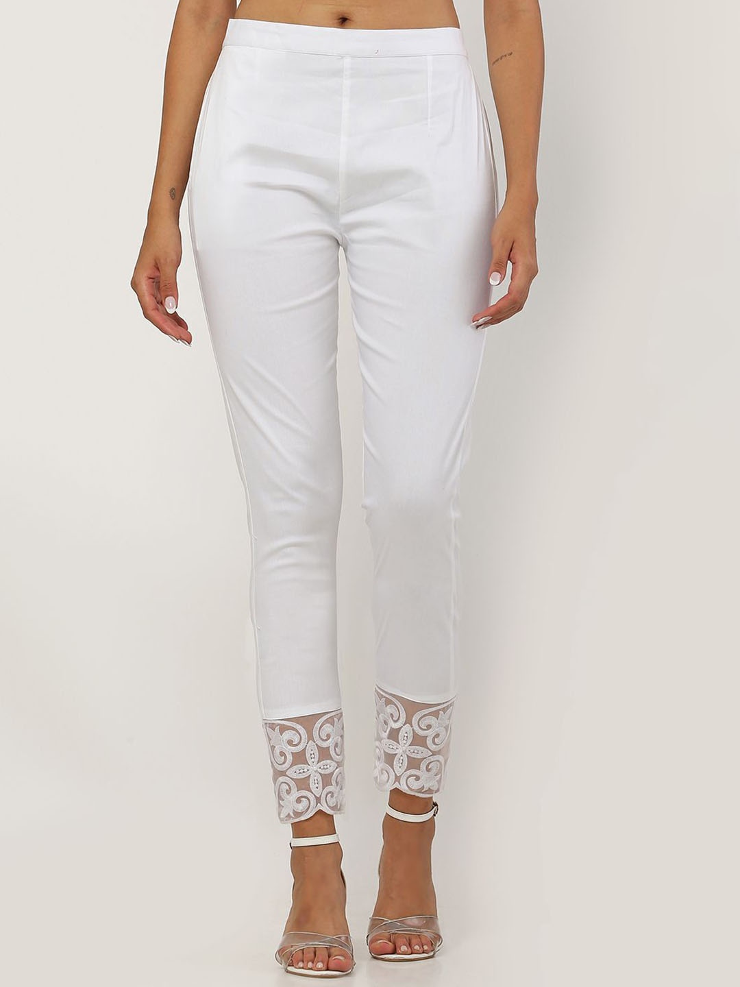 

FLOREOS Women Embroidered Comfort Easy Wash Trousers, White