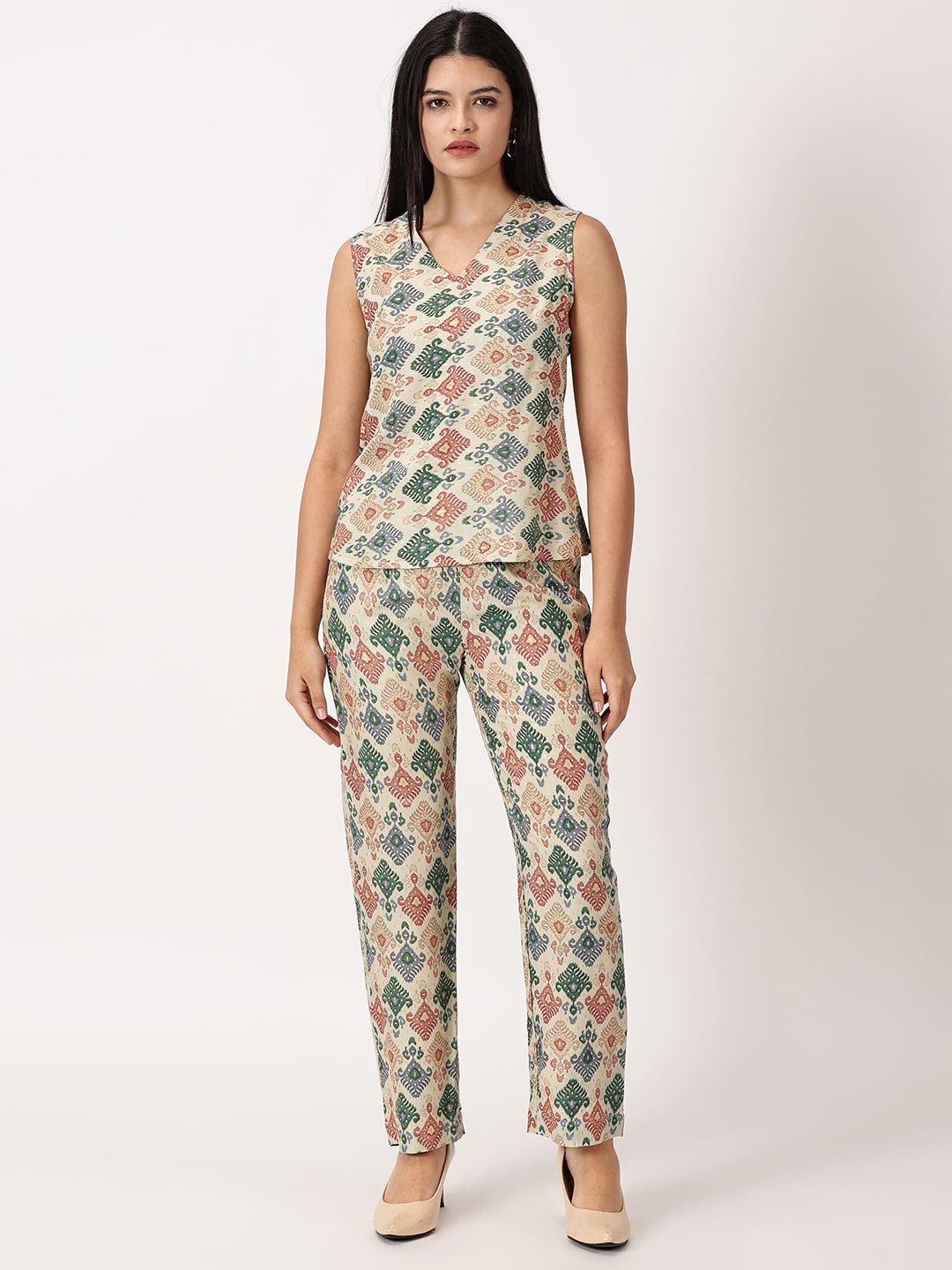 

RAVINIK Printed Top & Trousers Co-Ords, Beige