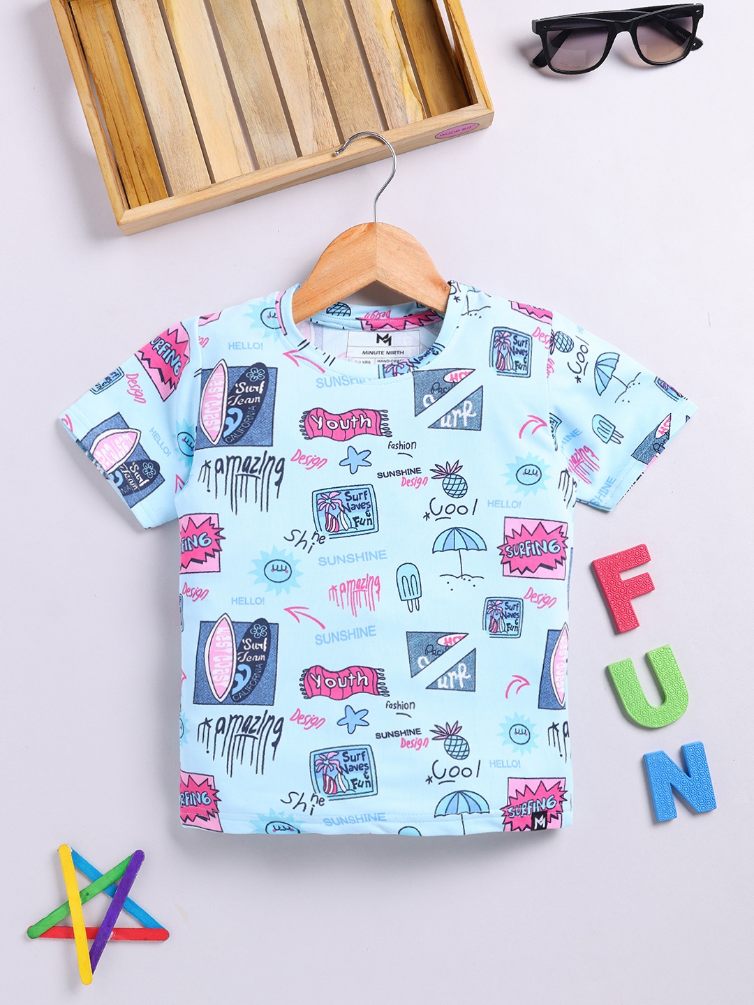 

YK X Minute Mirth Boys Graphic Printed T-shirt, Blue
