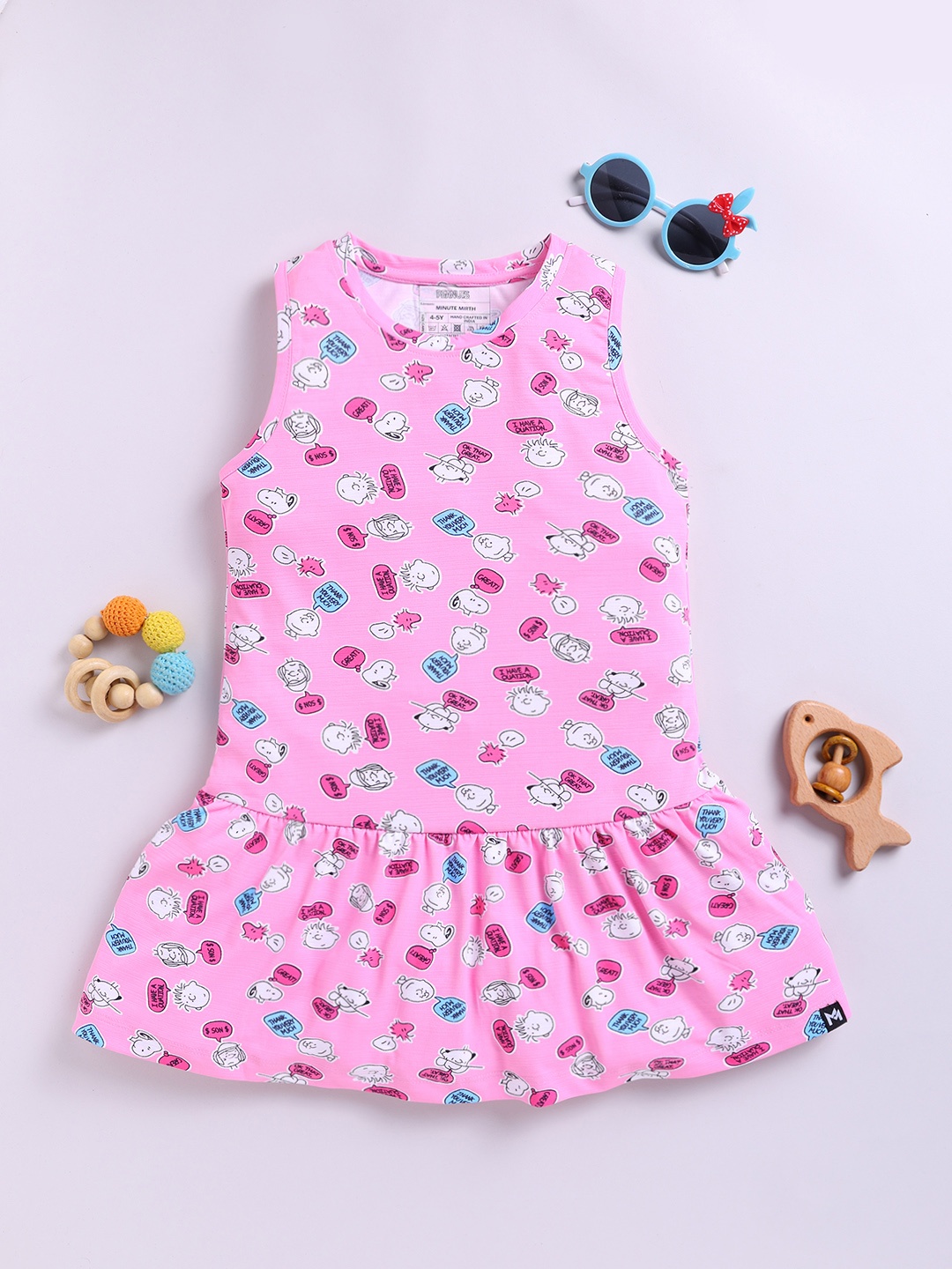 

YK X Minute Mirth Peanuts Print Cotton Drop-Waist Dress, Pink