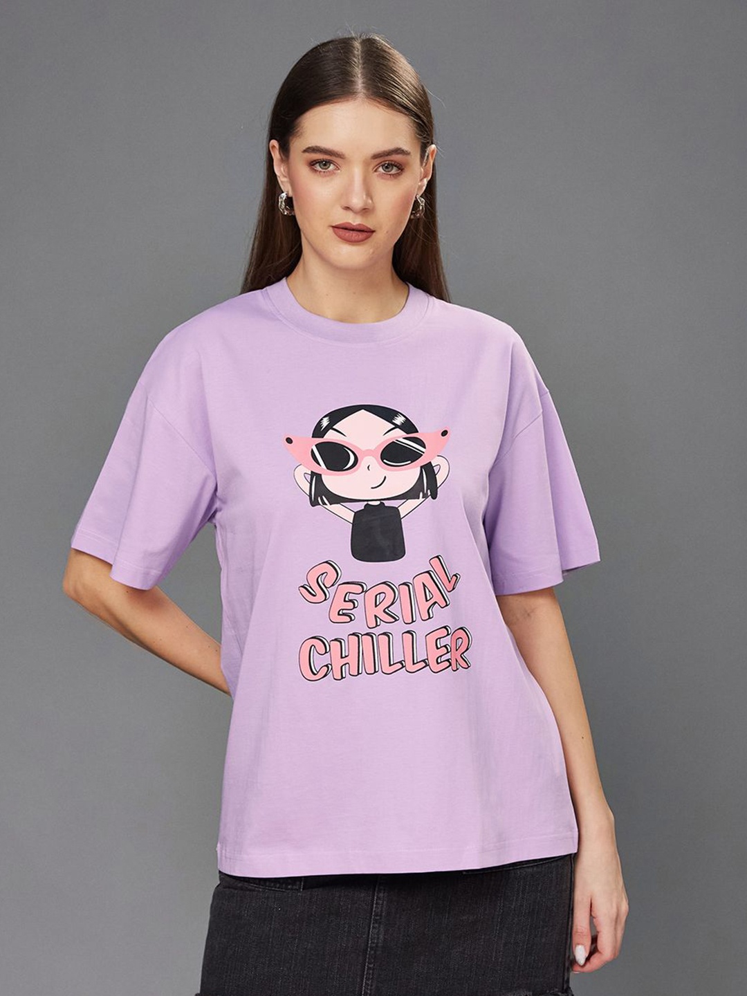 

Miss Chase Women Typography Printed Drop-Shoulder Sleeves Applique T-shirt, Lavender