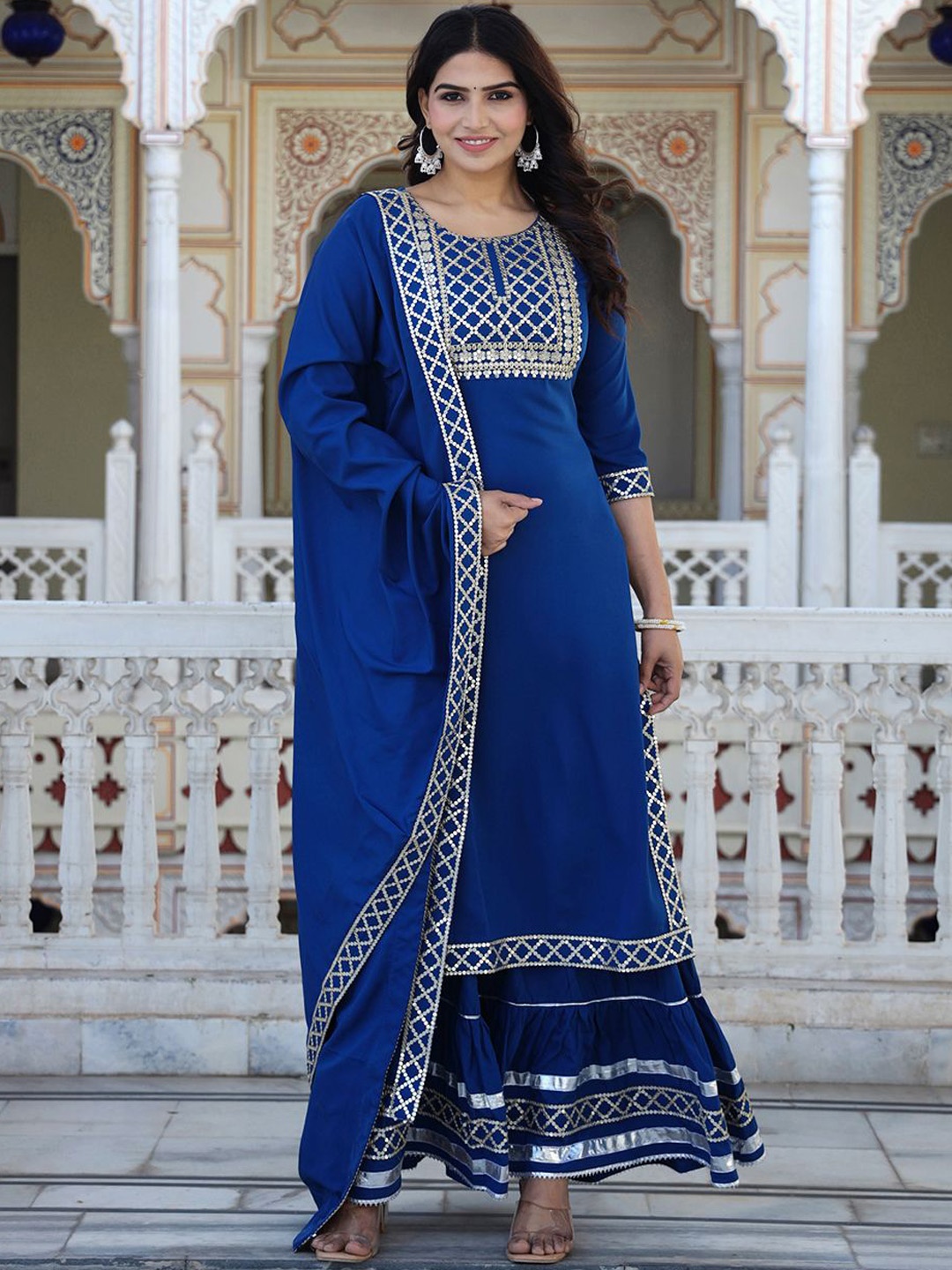 

ELVISH JAIPUR Women Embroidered Regular Sequinned Kurta with Skirt & With Dupatta, Teal