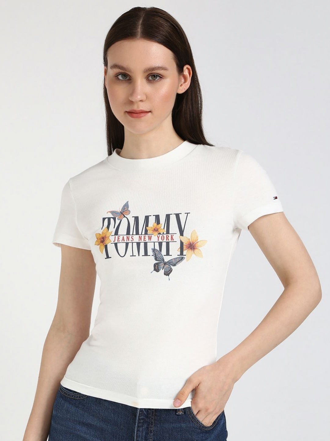 Tommy Hilfiger Women Typography Applique Slim Fit T-shirt, White