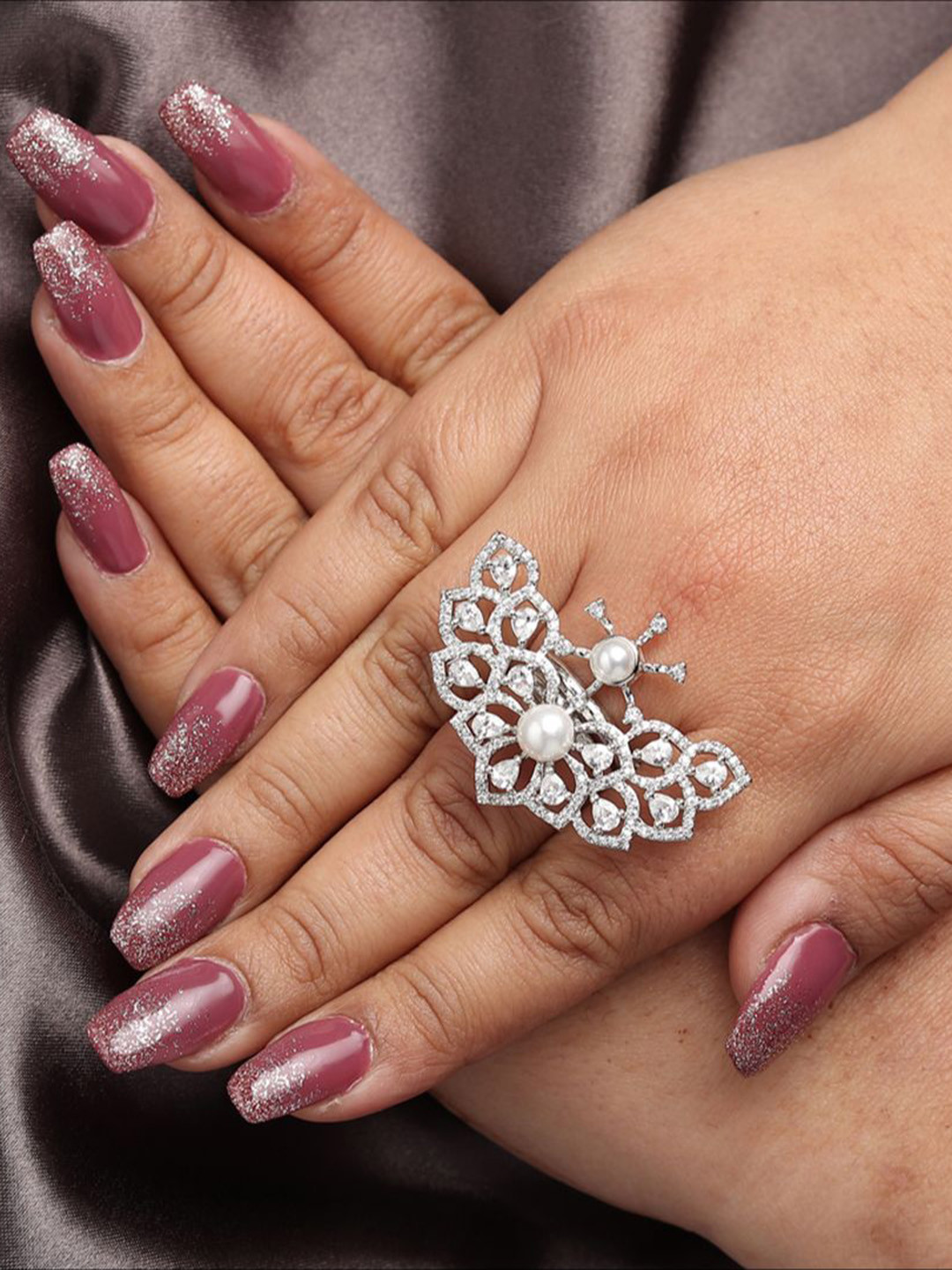 

RHOSYN Silver-Plated Cubic Zirconia & American Diamond Studded Adjustable Finger Ring