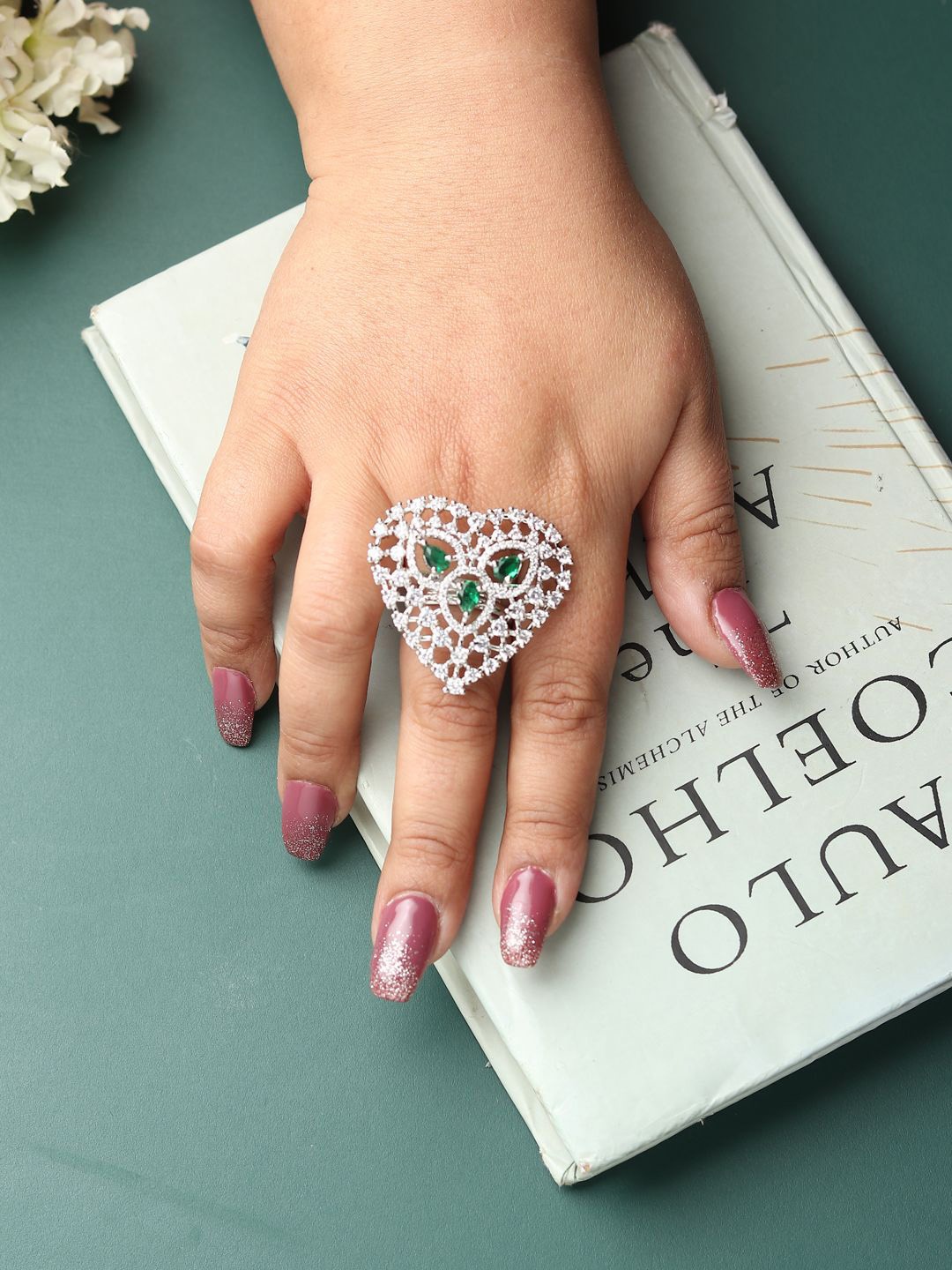 

RHOSYN Silver-Plated Cubic Zirconia & American Diamond Studded Adjustable Finger Ring