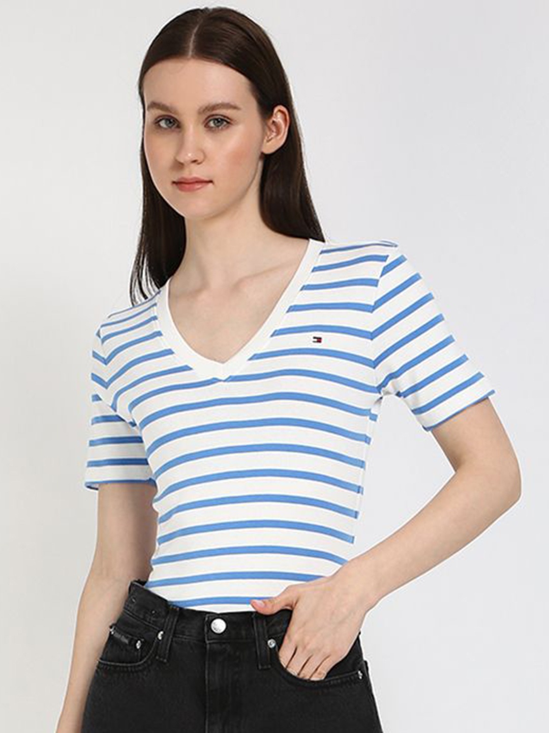 

Tommy Hilfiger Women Striped V-Neck Extended Sleeves Slim Fit T-shirt, Blue