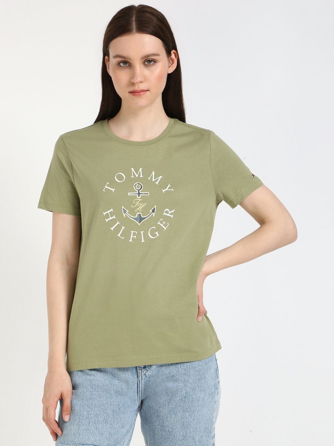 Tommy Hilfiger Women Typography Raw Edge T-shirt, Green