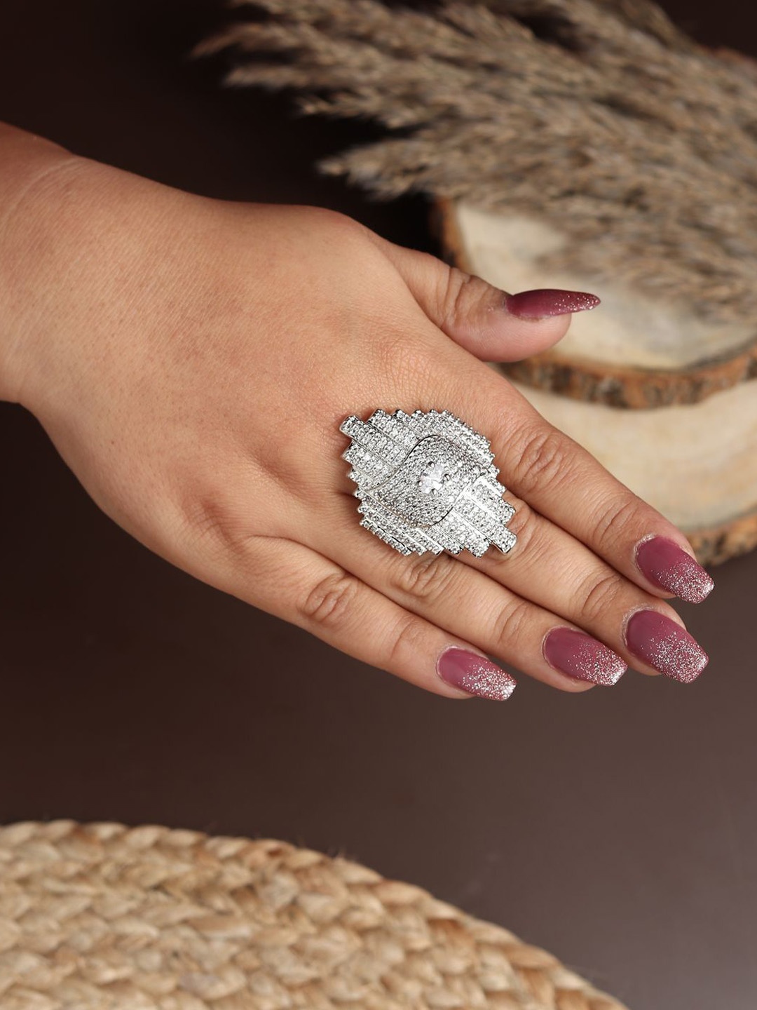 

RHOSYN Silver-Plated Cubic Zirconia & American Diamond Studded Adjustable Finger Ring