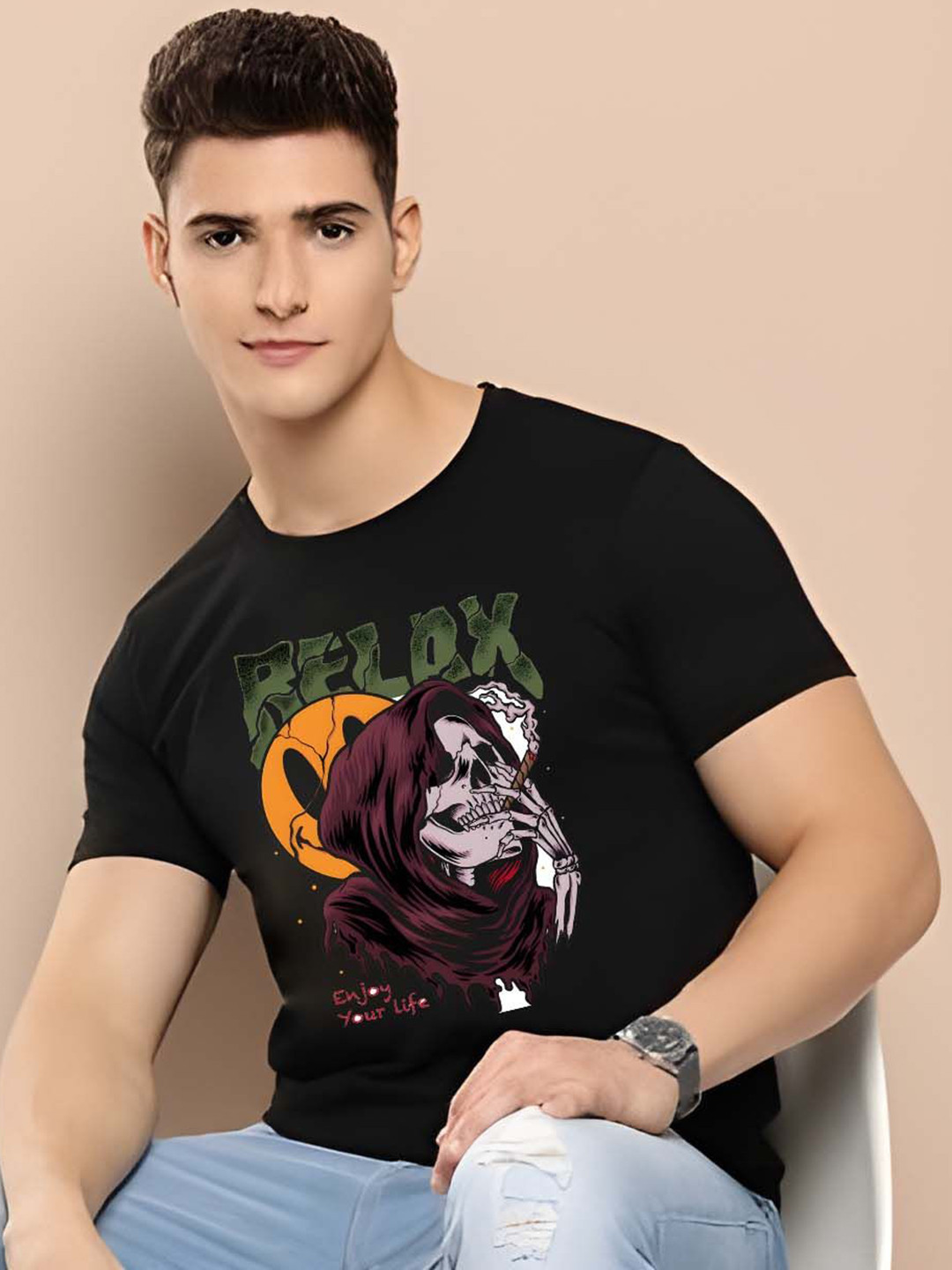

BOWLIFESTYLE Men Pure Cotton T-shirt, Black