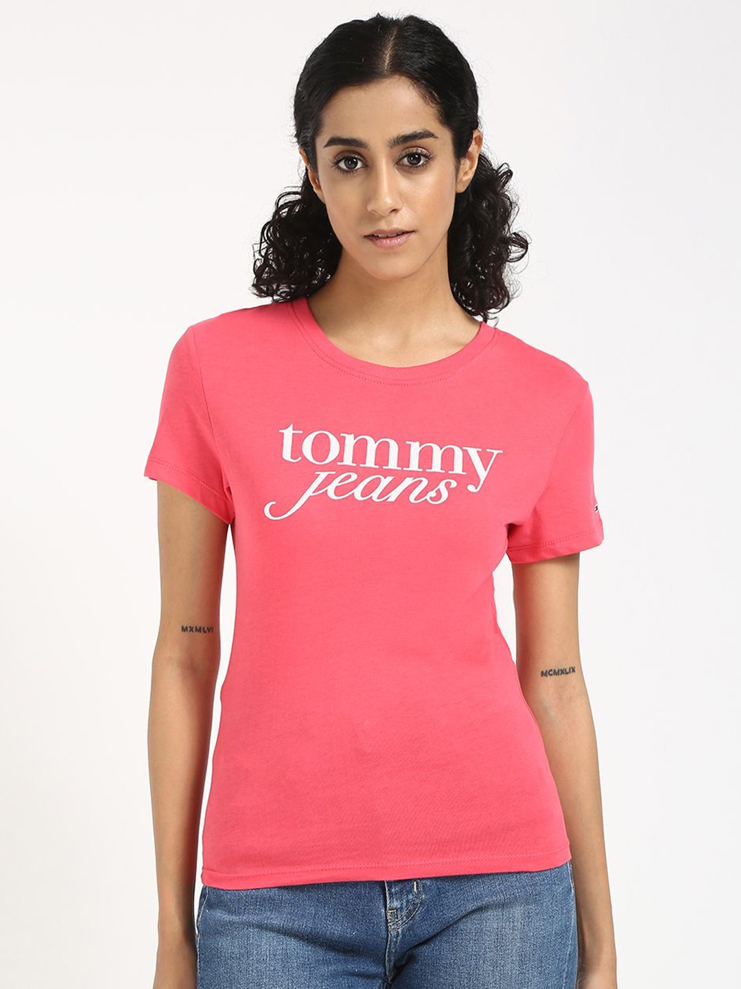 Tommy Hilfiger Women Typography Extended Sleeves Slim Fit T-shirt, Pink