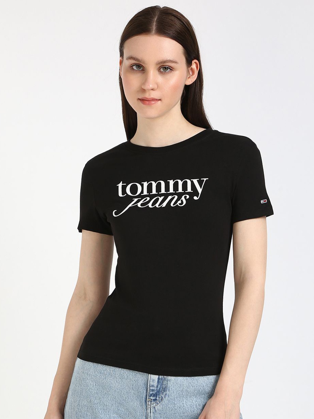 

Tommy Hilfiger Women Typography Drop-Shoulder Sleeves Slim Fit T-shirt, Black