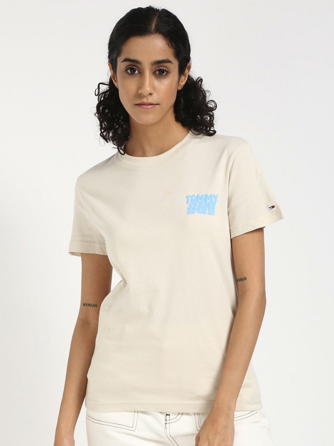 Tommy Hilfiger Women Typography Pockets T-shirt, Beige