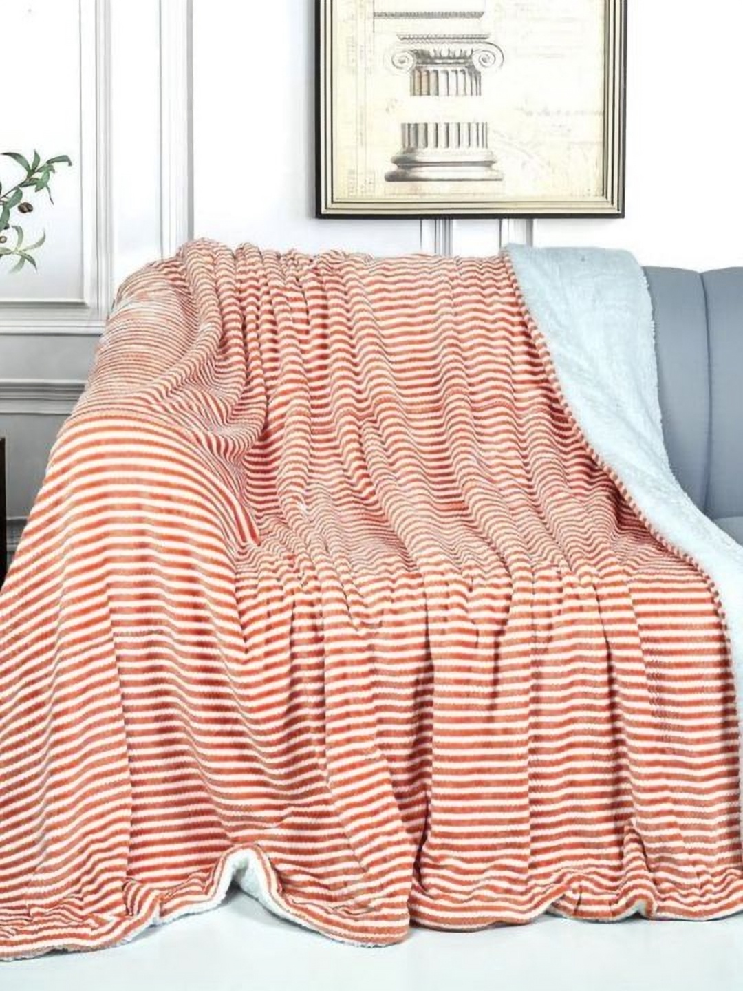 

VAS COLLECTIONS Orange & White Striped Heavy Winter 500 GSM Double Bed Blanket