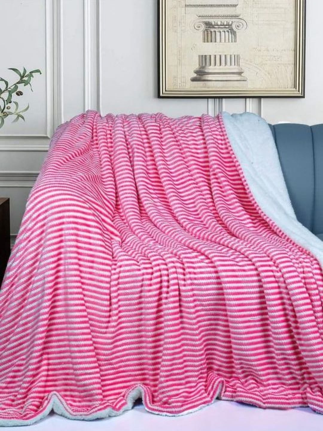 

VAS COLLECTIONS Pink & White Striped Heavy Winter 500 GSM Double Bed Blanket
