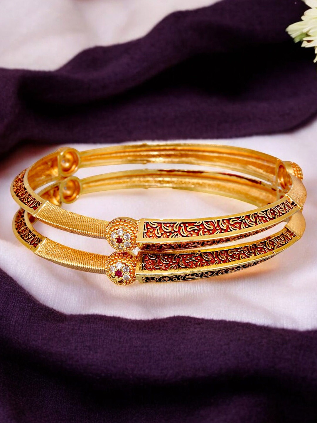 

LUCKY JEWELLERY Set Of 2 18K One Gram Gold-Plated Stones-Studded Bangles