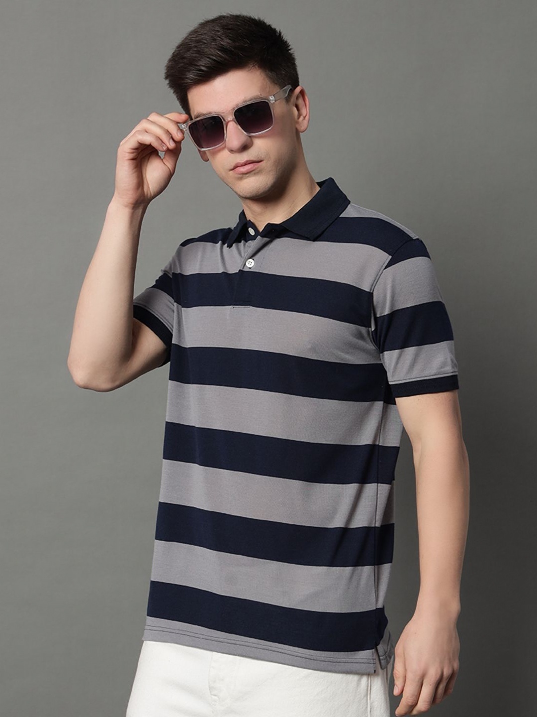 

GET GOLF Men Striped Polo Collar Pockets T-shirt, Grey