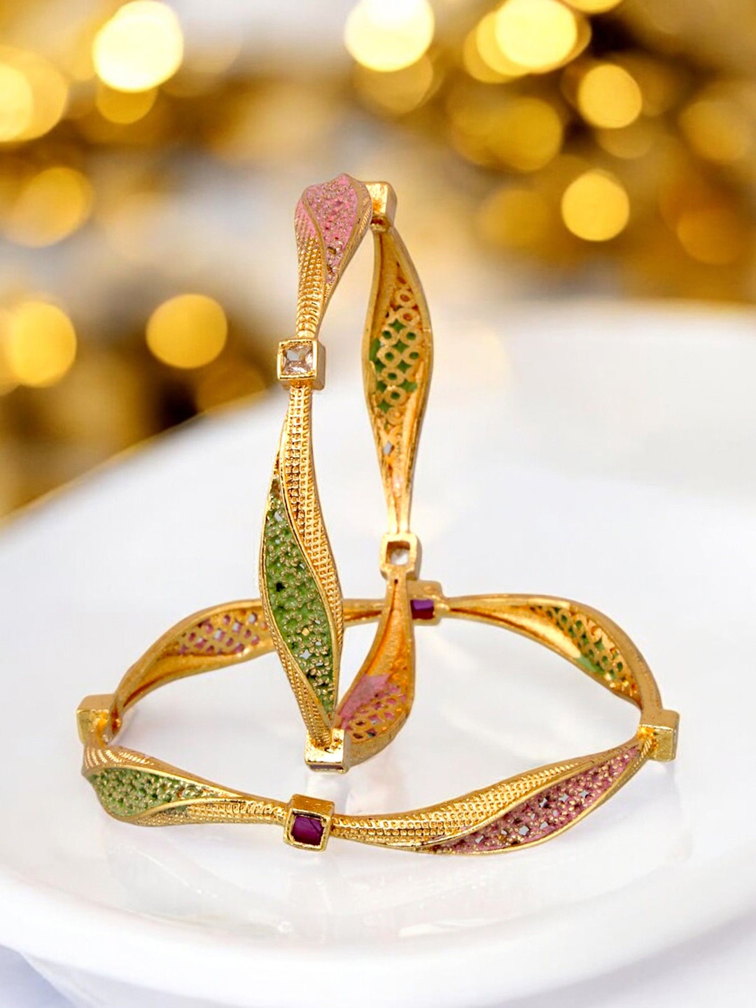 

LUCKY JEWELLERY Set Of 2 18K One Gram Gold-Plated Stones-Studded Bangles