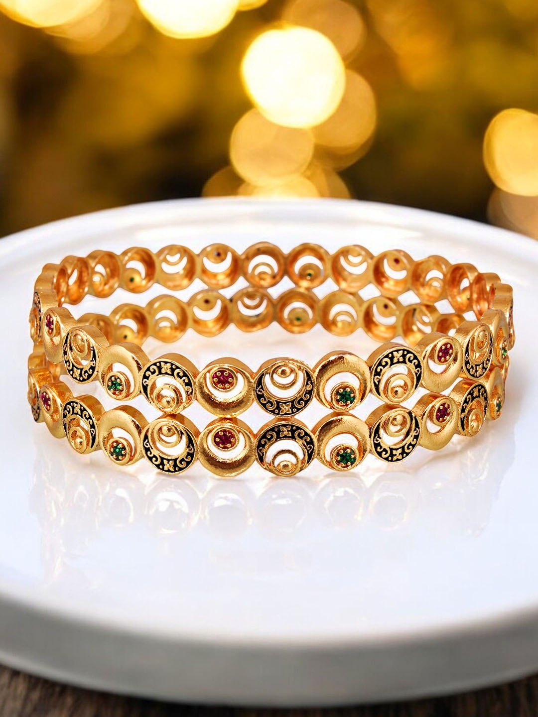 

LUCKY JEWELLERY Set Of 2 18K One Gram Gold-Plated Stones-Studded Bangles