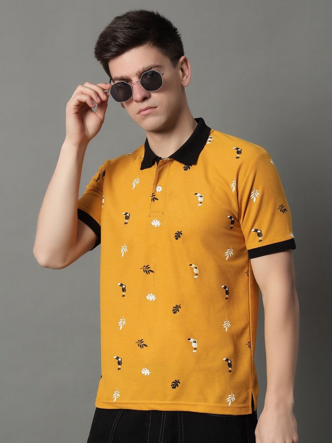 

GET GOLF Men Printed Mandarin Collar T-shirt, Mustard