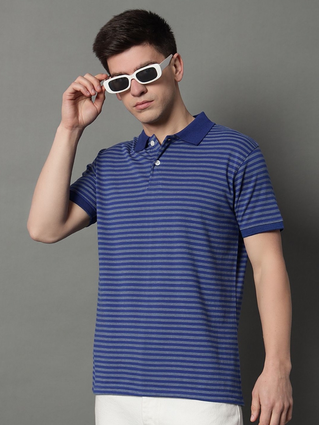 

GET GOLF Men Striped Drop-Shoulder Sleeves Pockets T-shirt, Blue