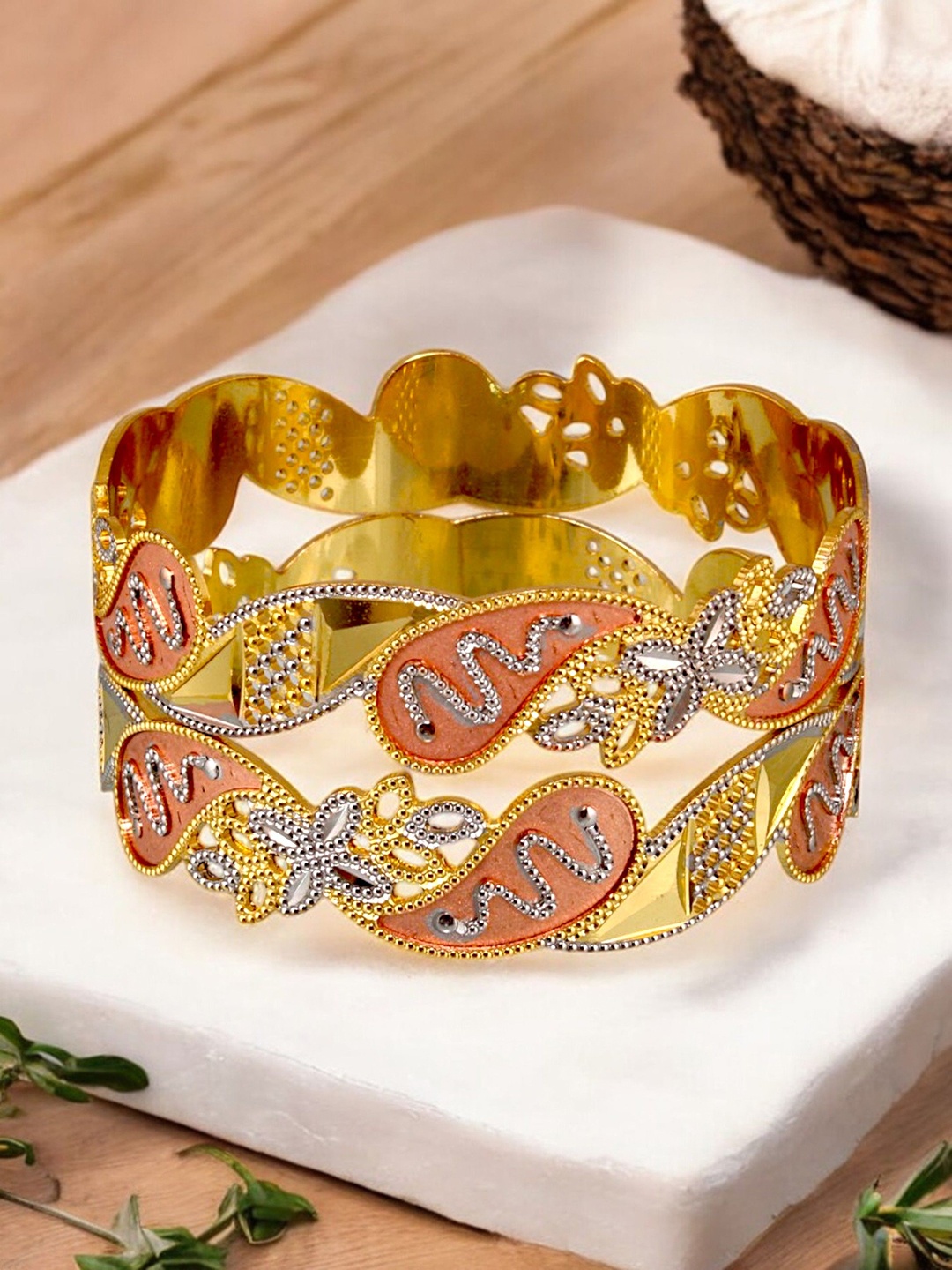 

LUCKY JEWELLERY Set Of 2 18K One Gram Gold-Plated Stones-Studded Bangles