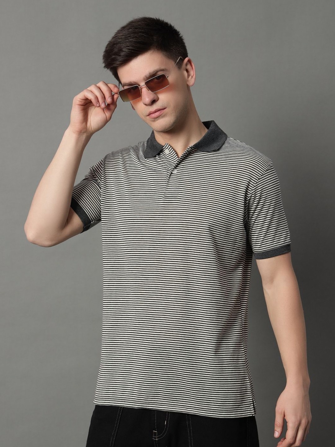 

GET GOLF Men Striped Polo Collar Pockets T-shirt, Grey