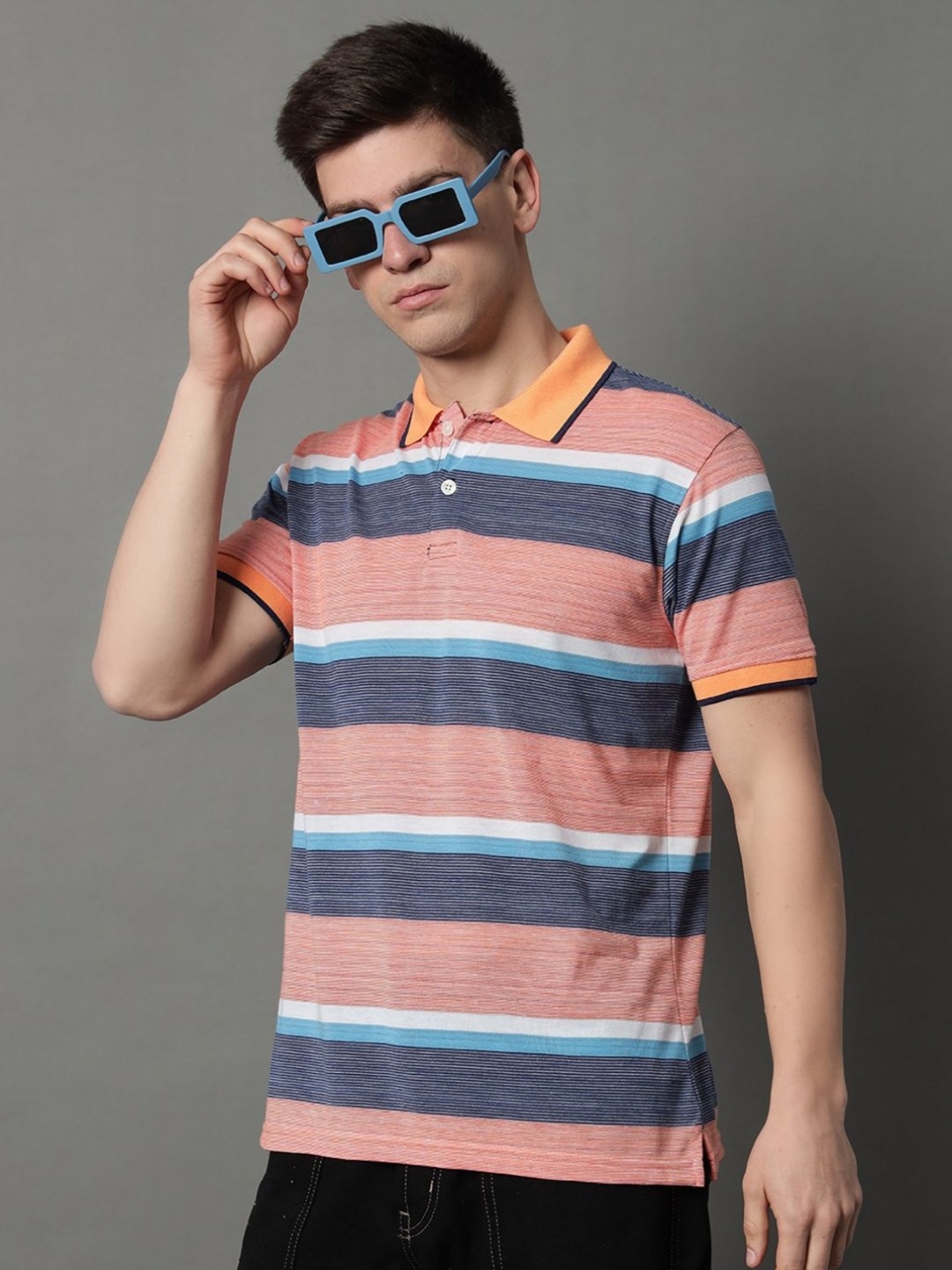 

GET GOLF Men Striped Polo Collar Pockets T-shirt, Coral