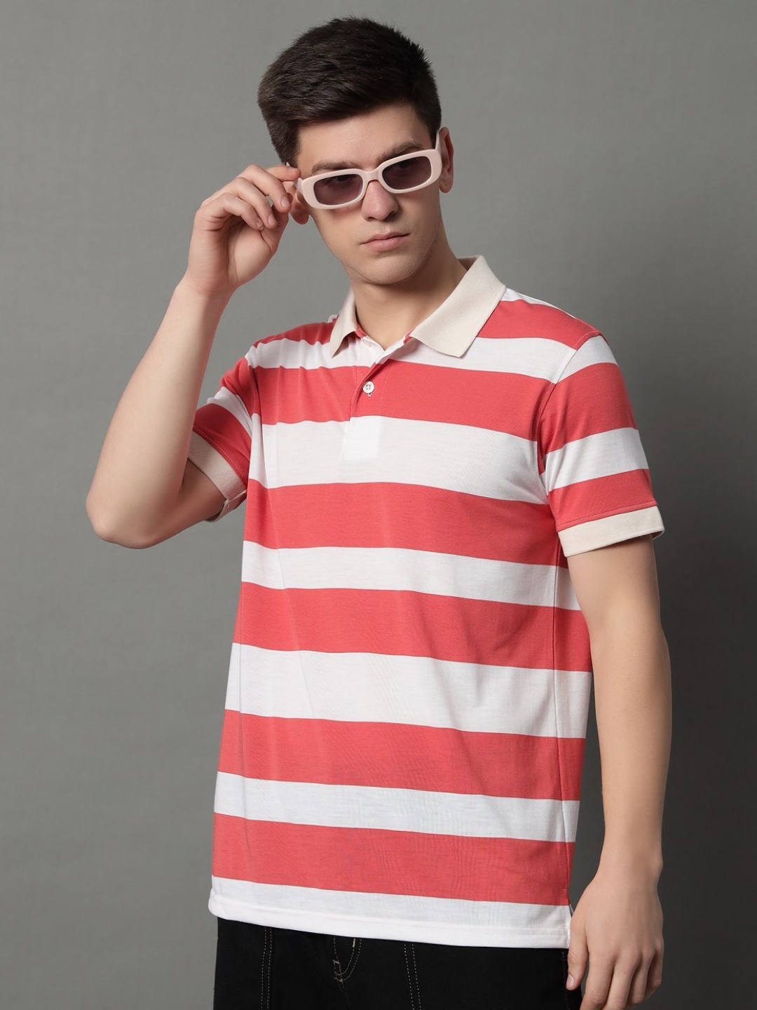 

GET GOLF Men Striped Polo Collar Pockets T-shirt, Coral