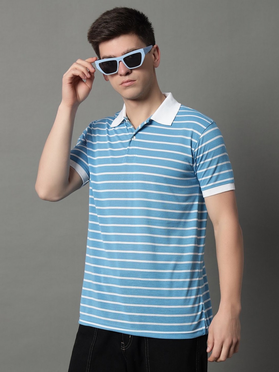 

GET GOLF Men Striped Polo Collar Pockets T-shirt, Turquoise blue