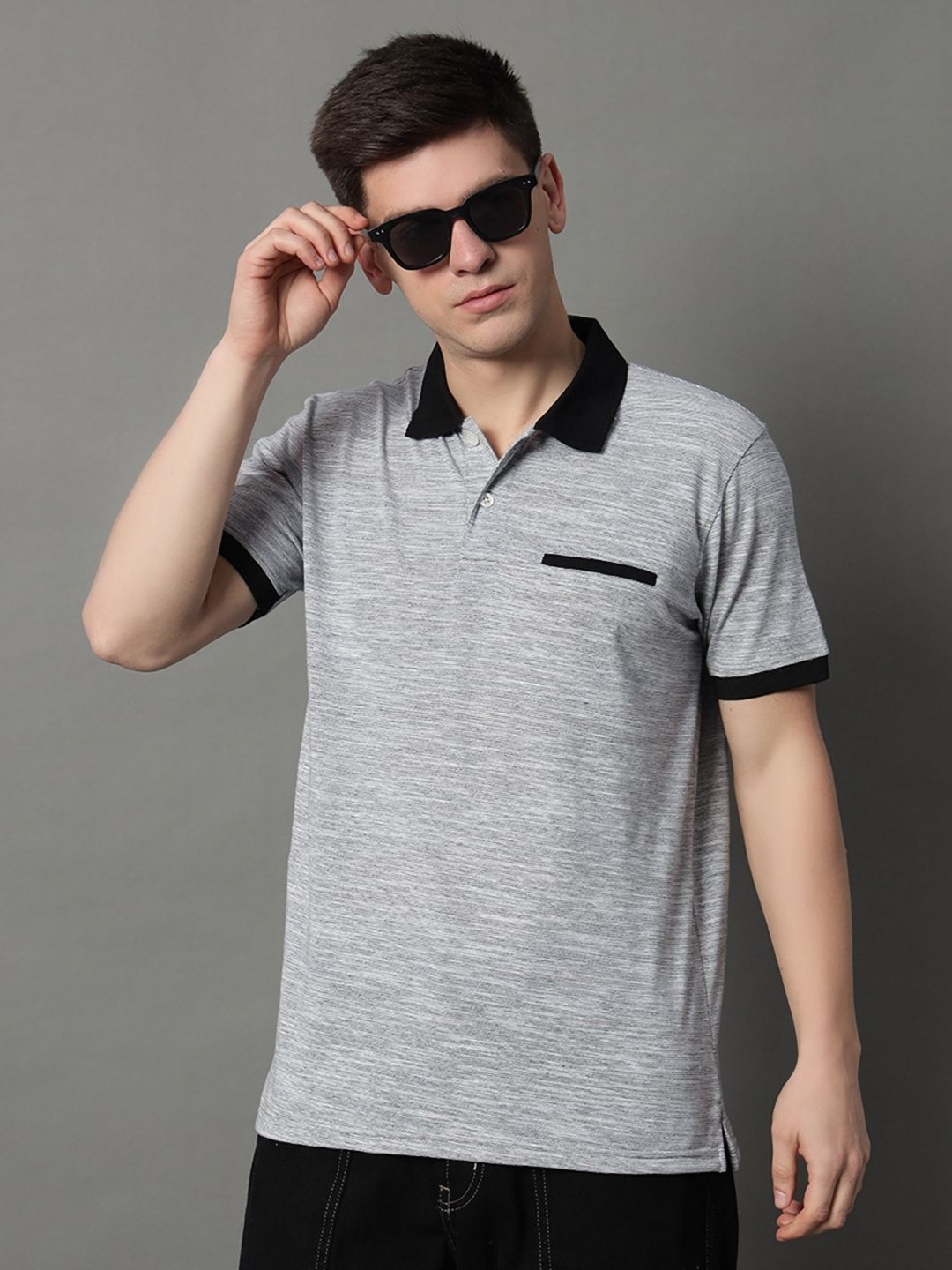 

GET GOLF Men Striped Polo Collar Pockets T-shirt, Grey