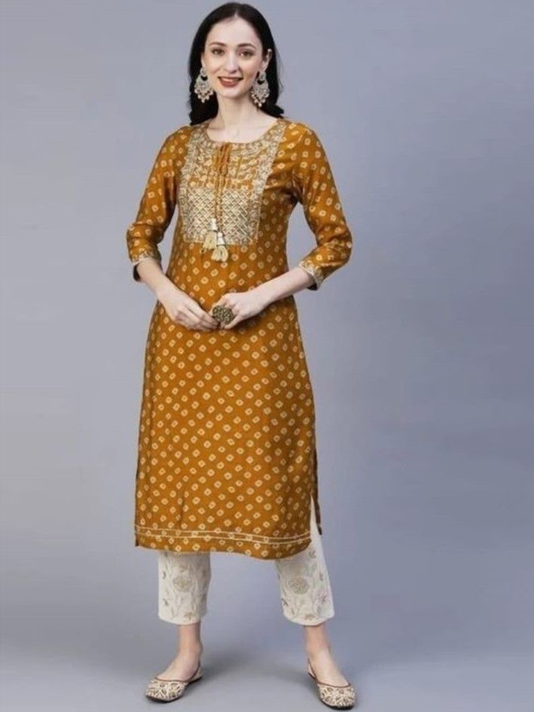 KALINI Women Floral Printed Sequinned Floral Kurta, Mustard