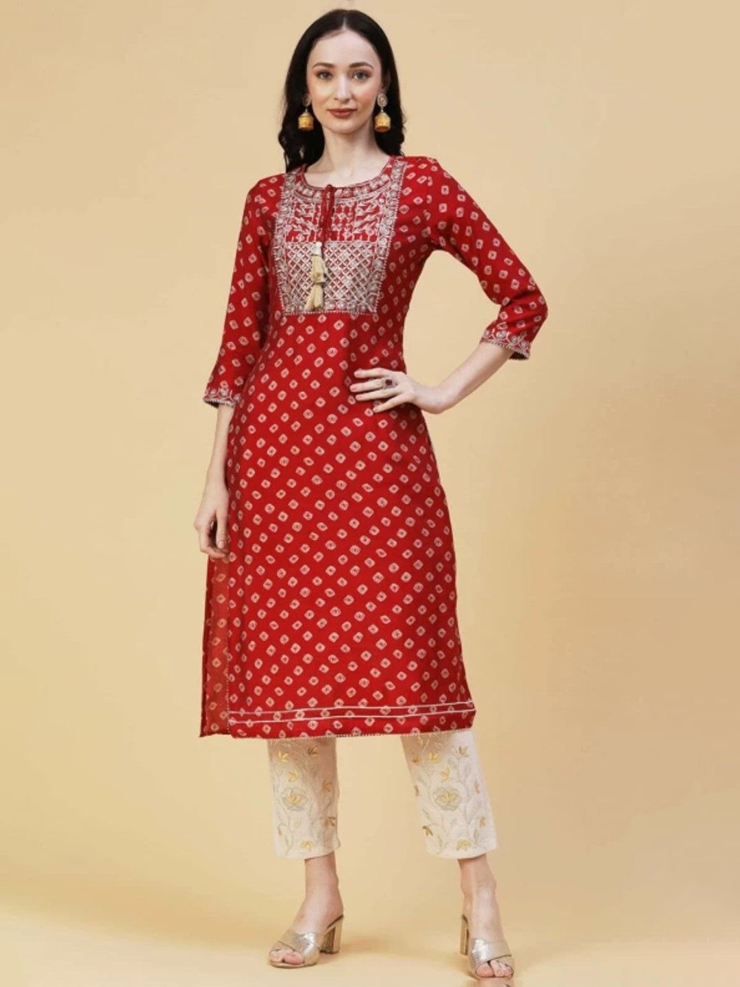 

KALINI Bandhani Printed Sequinned Tie-Up Neck Straight Kurta, Maroon