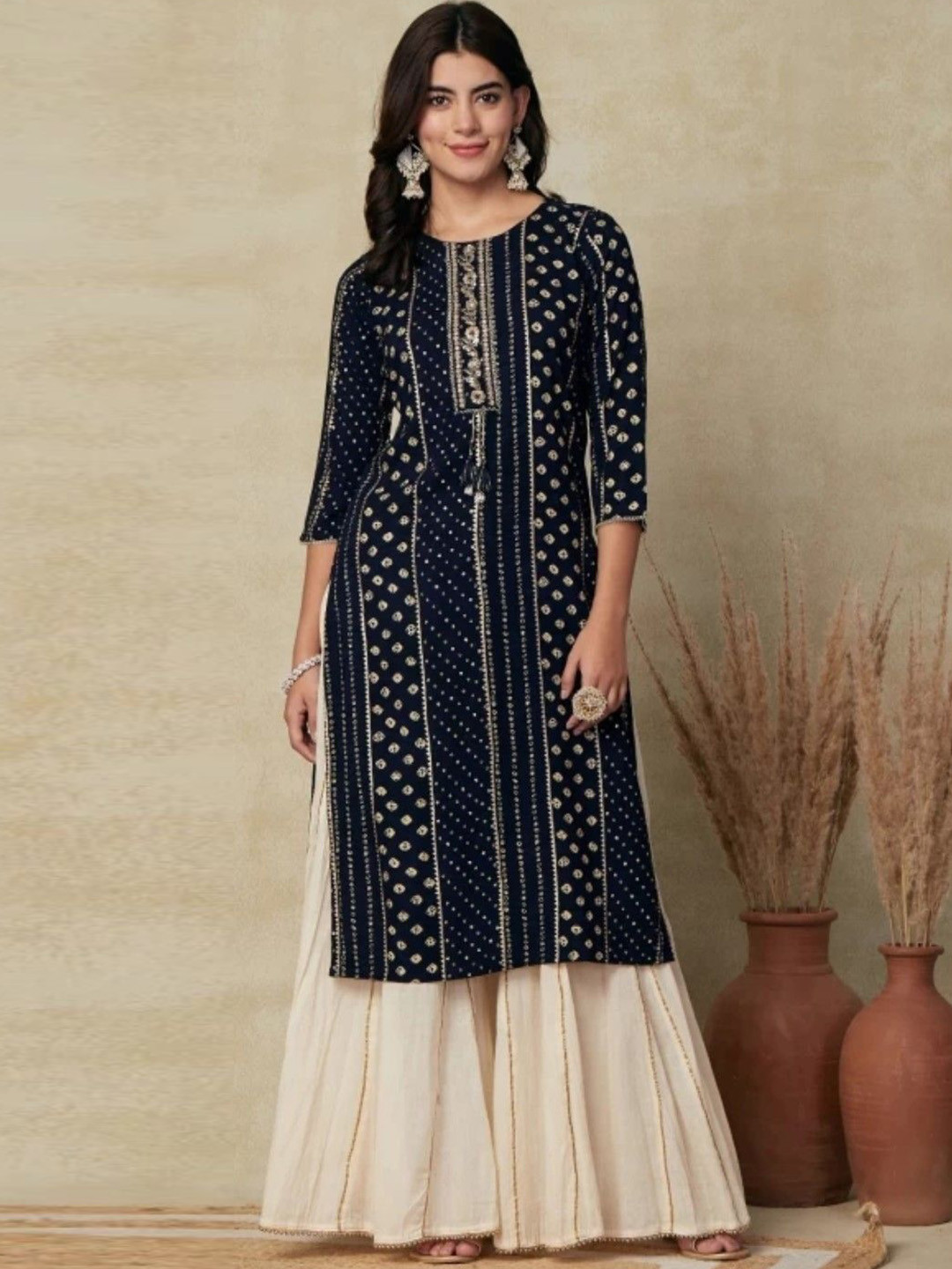 

KALINI Bandhani Printed Sequinned Round Neck Straight Kurta, Blue