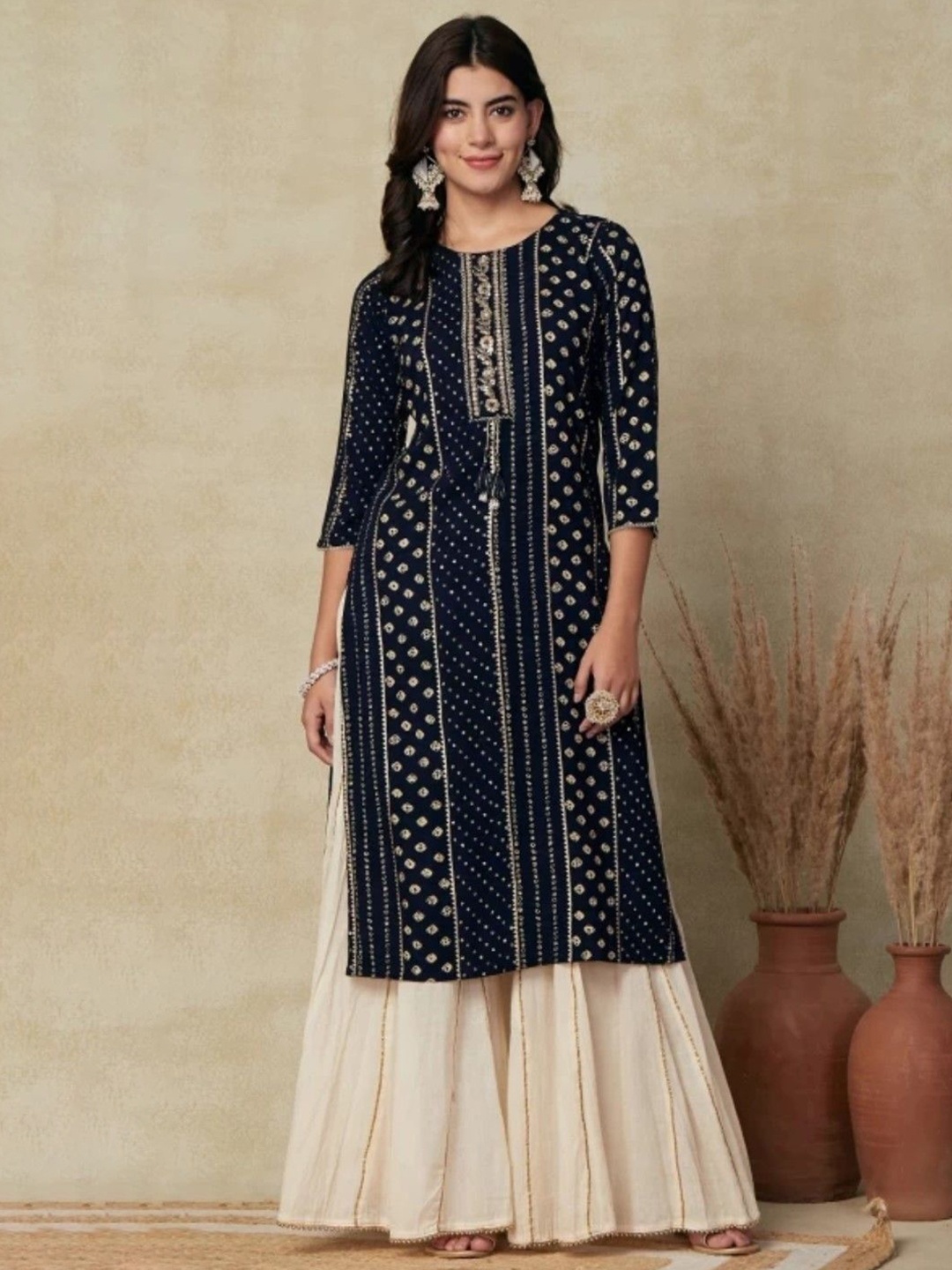 

KALINI Bandhani Printed Sequinned Round Neck Straight Kurta, Blue