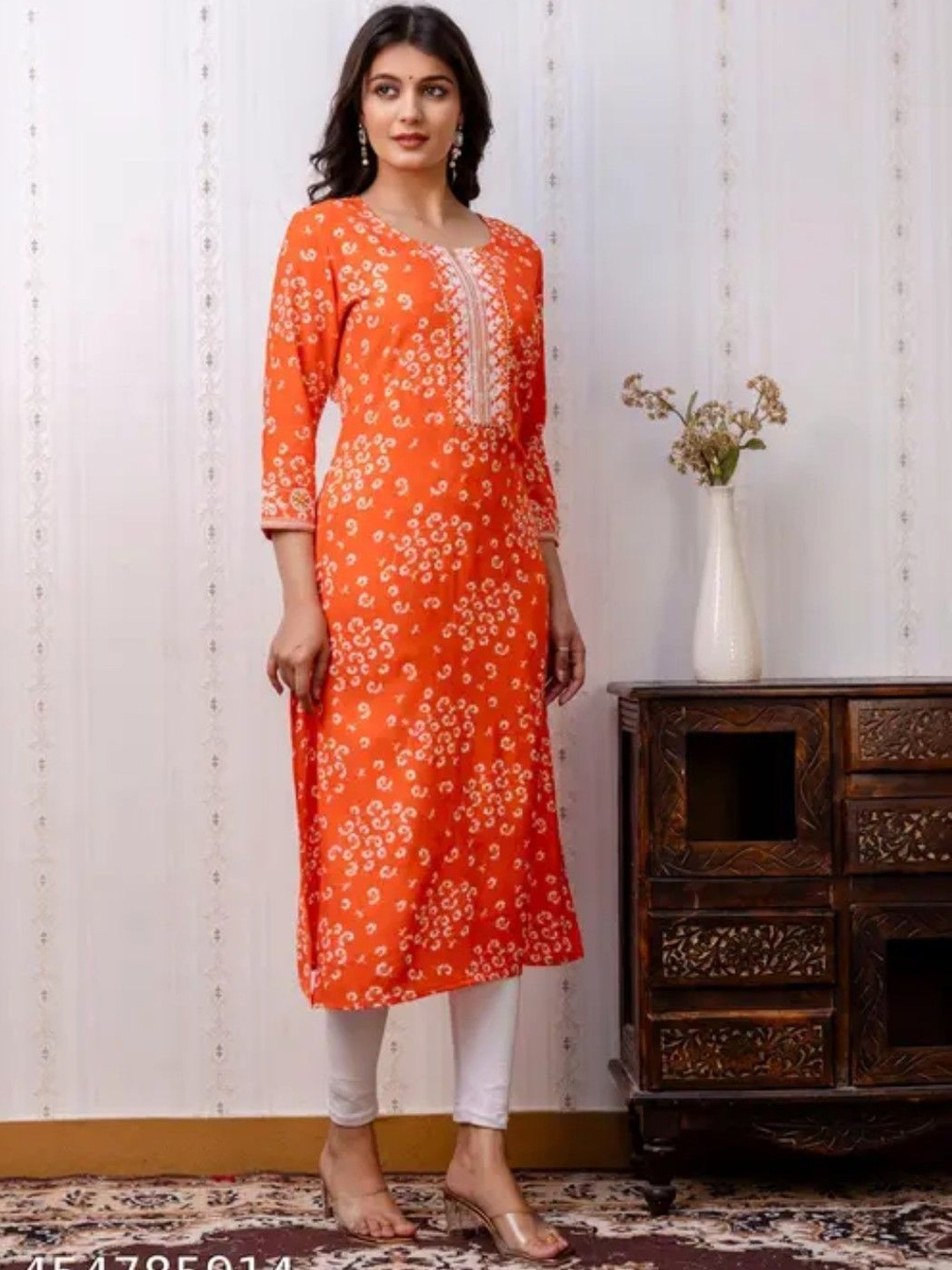 

KALINI Floral Printed Mirror Work Round Neck Straight Kurta, Orange