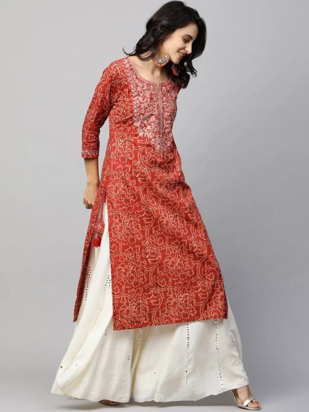

KALINI Bandhani Printed Sequinned Round Neck Straight Kurta, Brown