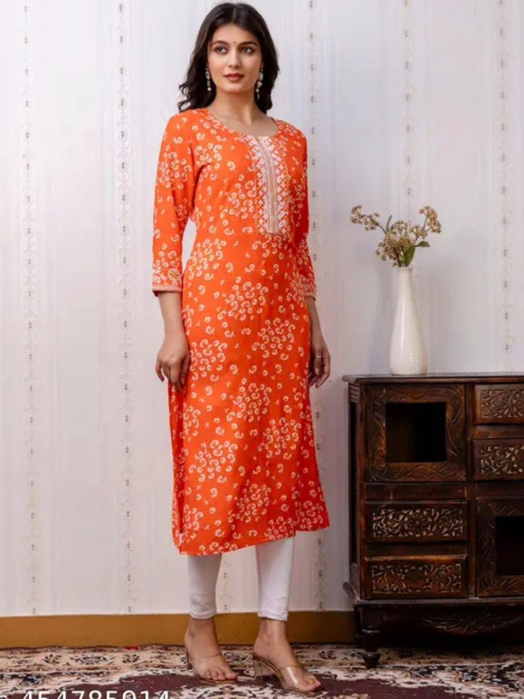 

KALINI Floral Printed Mirror Work Round Neck Straight Kurta, Orange